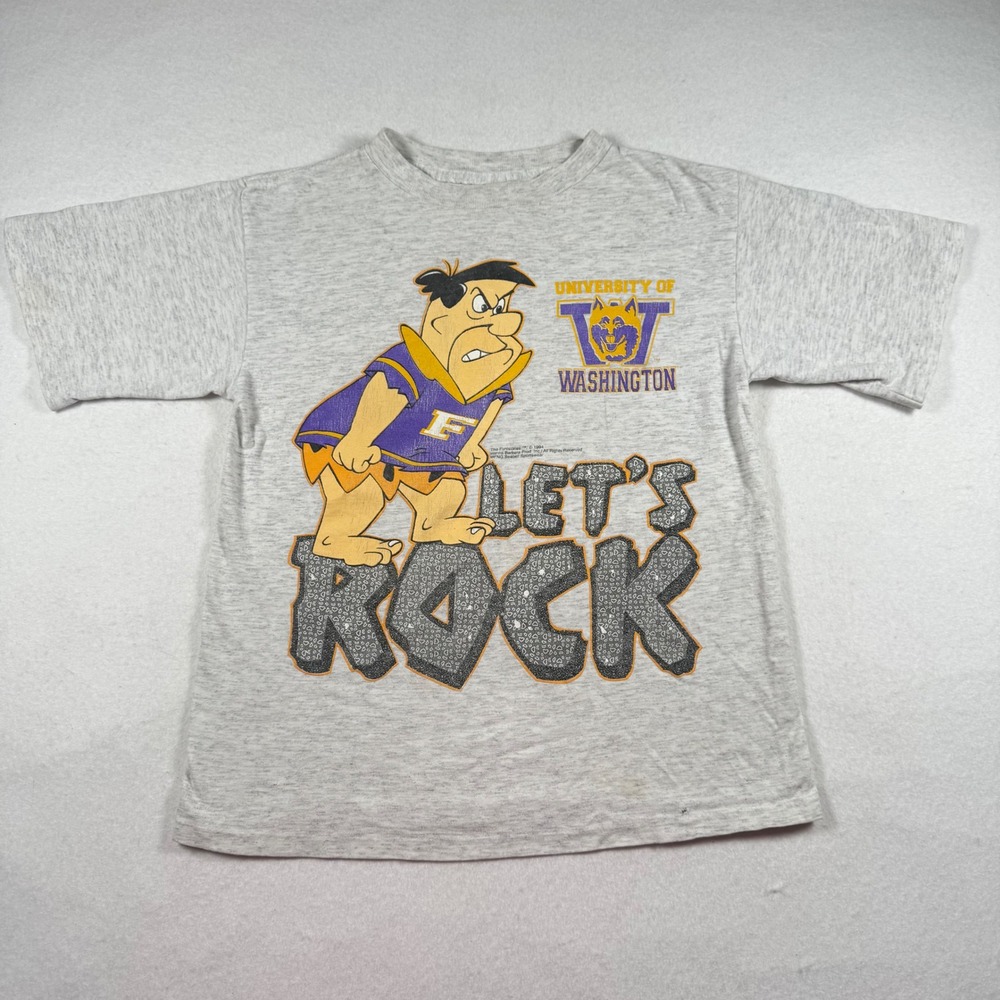 Vintage 1994 University of Washington Fred Flintstone T Shirt Gray Medium USA